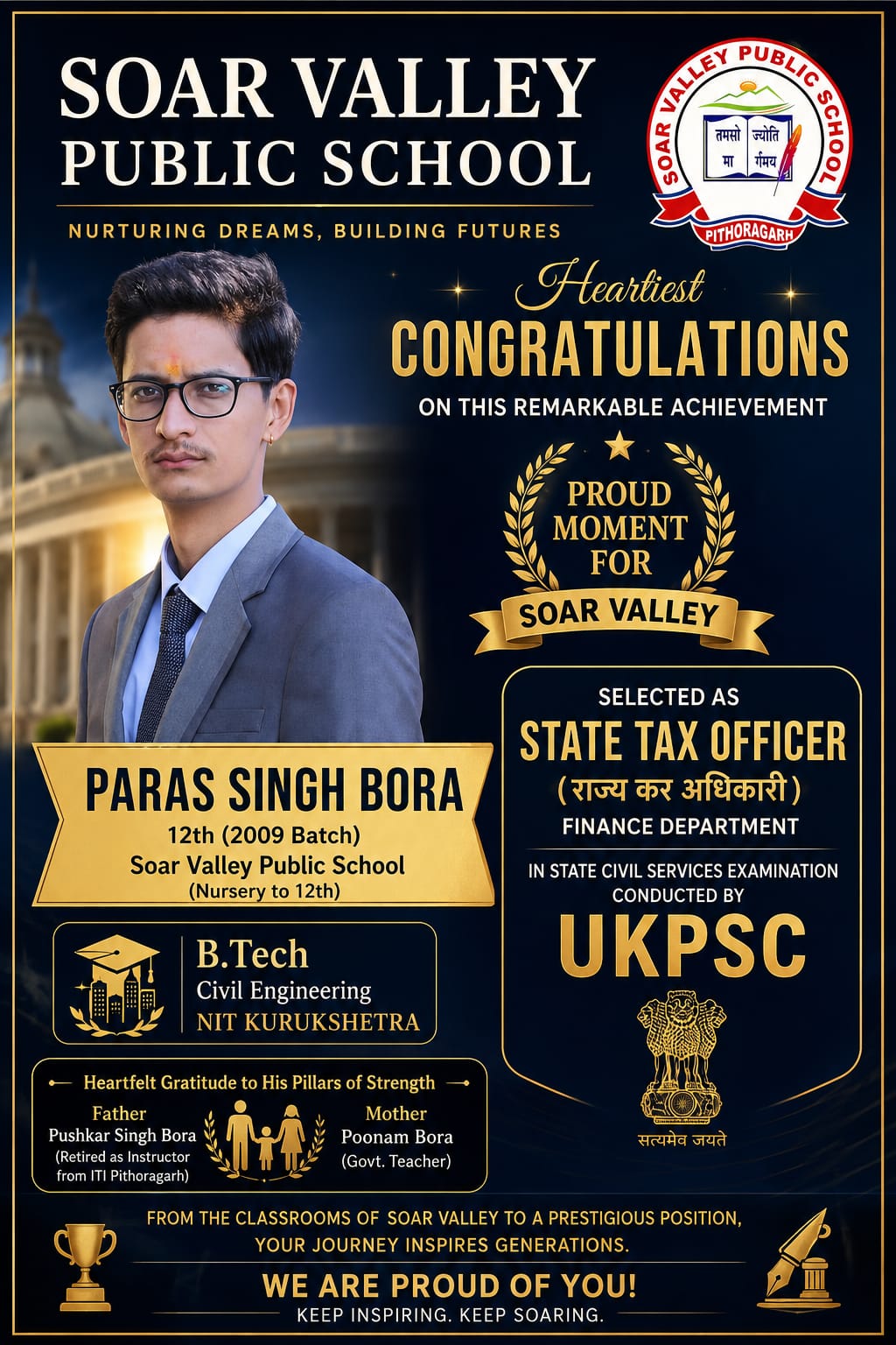 गर्व का क्षण: Soar Valley Public School के पूर्व छात्र Paras Singh Bora का State Tax Officer पद पर चयन